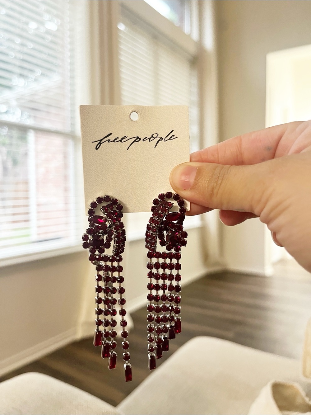 Free People Follow The Rhythm Rhinestone Earrings Ruby Red New - Picture 2 of 3